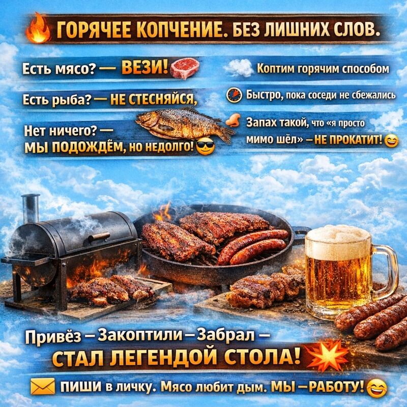 Шуточный плакат об услугах горячего копчения